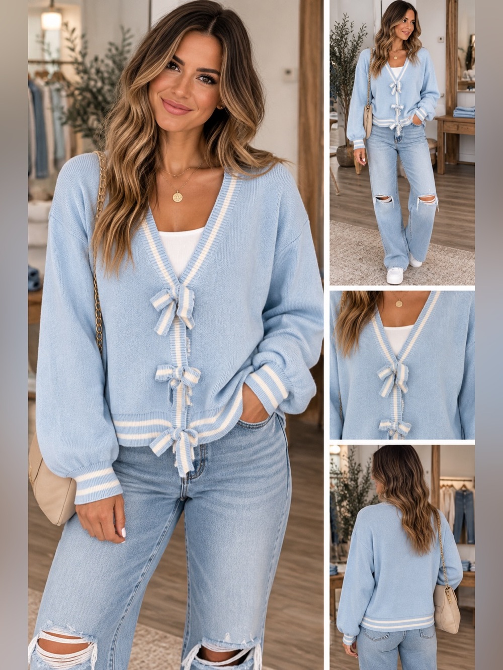 NWT Main Strip Bow Cardigan in Light Blue Size Large